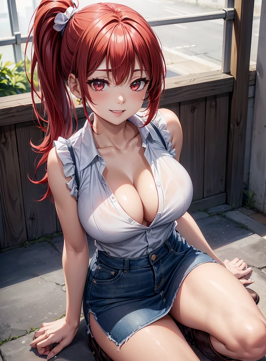 beautiful features、Japanese、Red hair、((side ponytail、hanging eyes:1.2))、shiny smooth hair, thick bangs、(bright smile:1.2), ((Image Processing Algorithms:1.2))、highly detailed eyes, highest quality, Ultra HD, Beautiful and vivid illustrations、high contrast、Tonal correction、Ultra-realistic oily and shiny skin, Super fine, High resolution CG Unity 8K wallpaper, Raw photo, precise fingers, anatomically correct, sleeveless jacket、wide open shirt、exposed chest、pencil skirt、white panties、Denim look、boots、Sit in a stepped building、