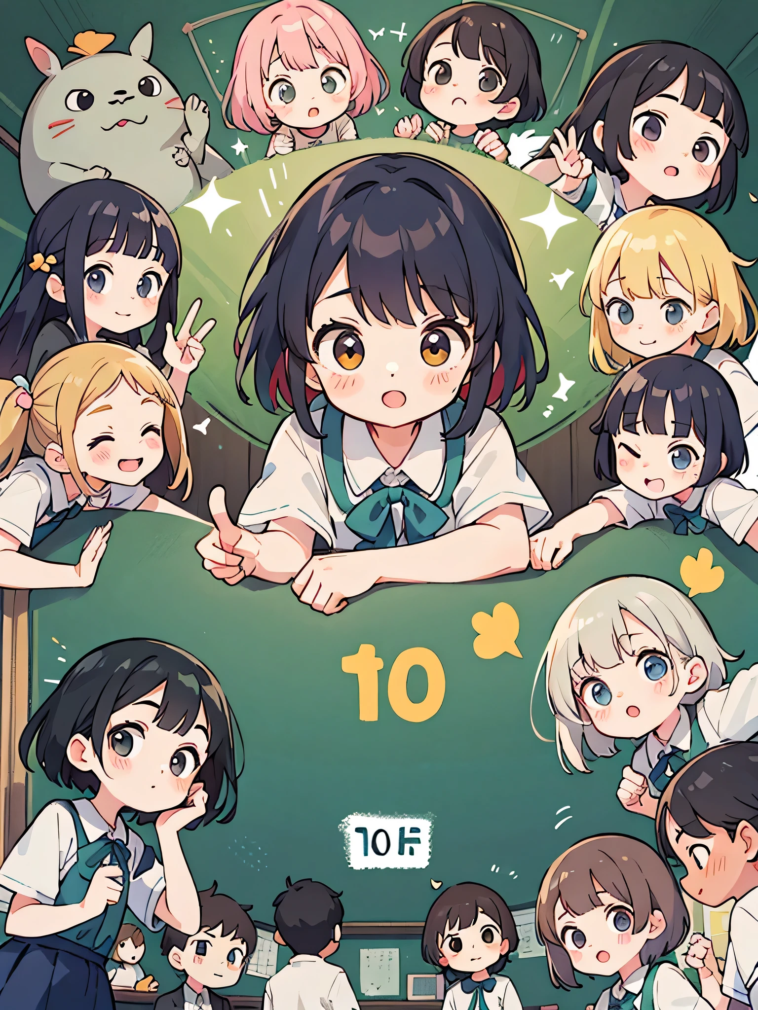 My Neighbor Totoro Style, Kawaii Design, (((10 people)))、most beautiful girl ever、Chibi, Colorful bob hair、((Lots of friends))、classroom
