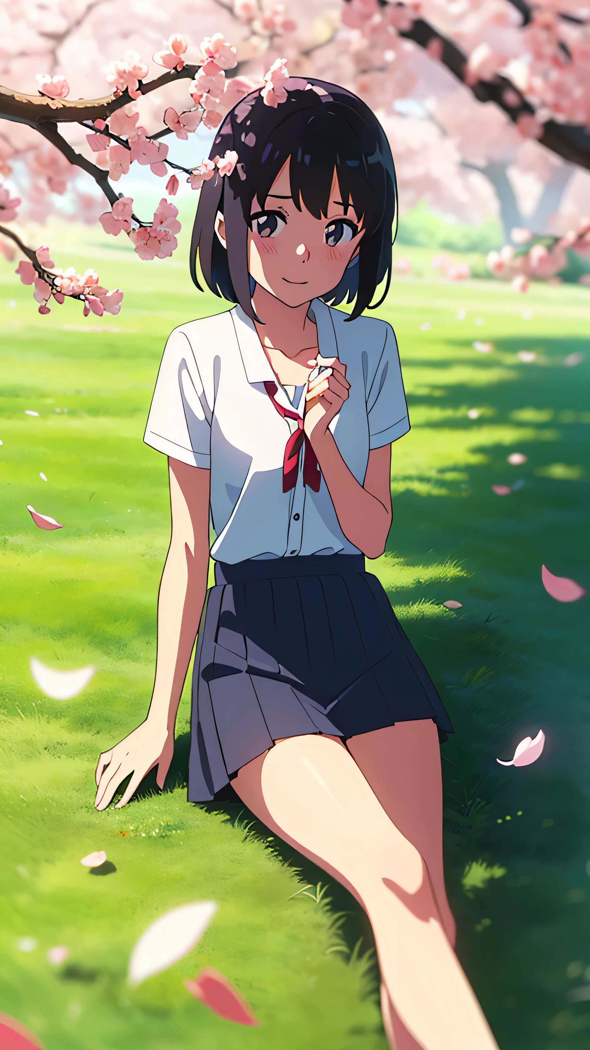 shinkai makoto, kimi no na wa., 1girl, bangs, black hair, blush, round eyes, bright eyes, brown eyes, red headband, red bow, red ribbon, short hair, shinny hair, smile, open mouth, cute, beautiful, shiny skin, looking at the viewer, solo, collarbone, , white shirt, short sleeves, black pleated skirt, cherry_blossoms, falling_petals, petals, branch, pink_flower, spring_season, perfect hands, holding_flower, wind, lying, lying on flower field, flower field