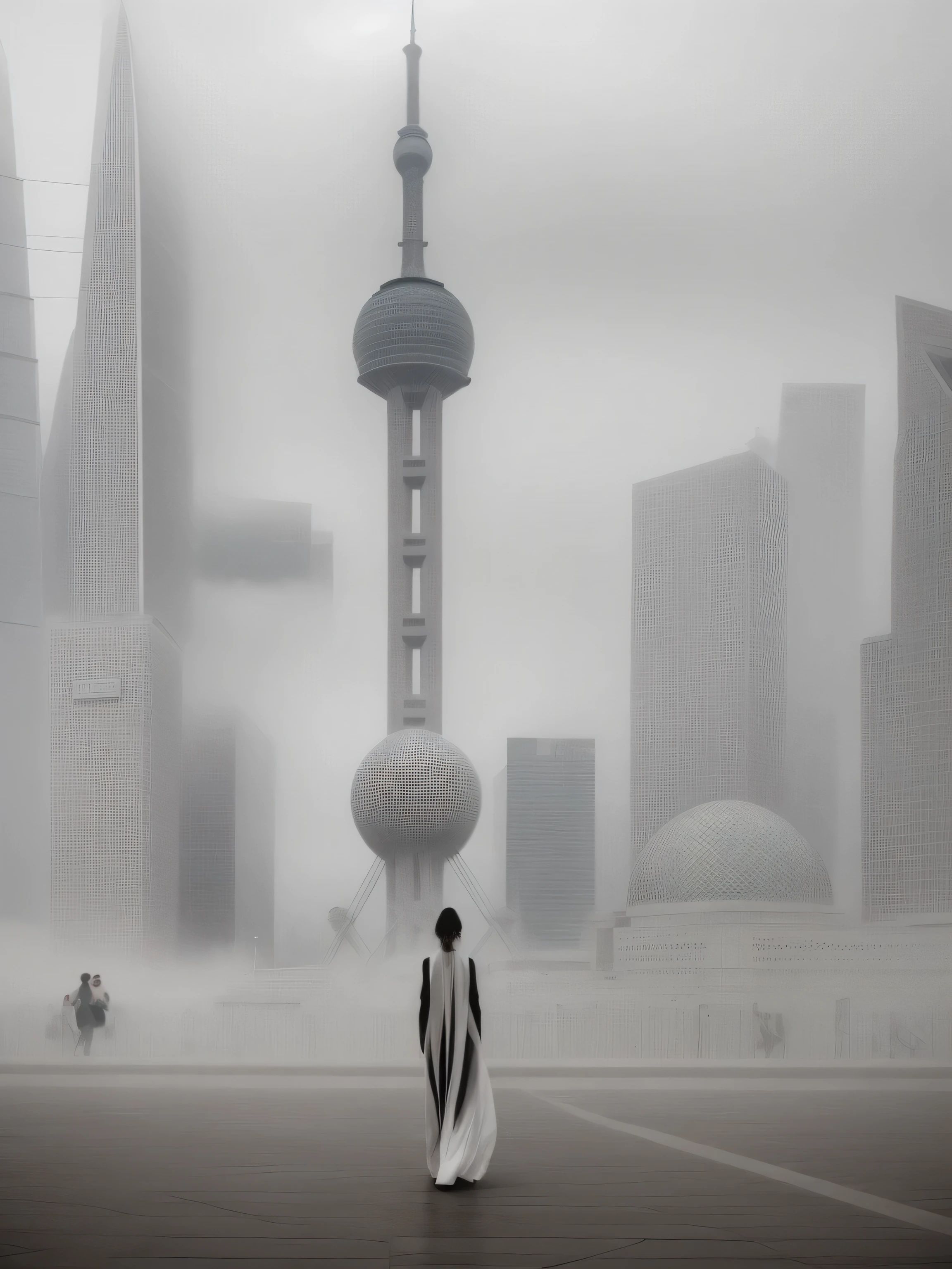 Minimalist photography，High-key photography。black and white photography，high definition，arafed image of a woman walking in a FOGgy city, FOGgy dystopian world, Black and white matte, FOG, Fan Hao Photography, city FOG, in a future city, feng zhu |, by Cheng Jiasui, white FOG, jingna zhang, in a future city, Collage style joseba elorza, By Fei Danxu，Background Shanghai Lujiazui Oriental Pearl TV Tower