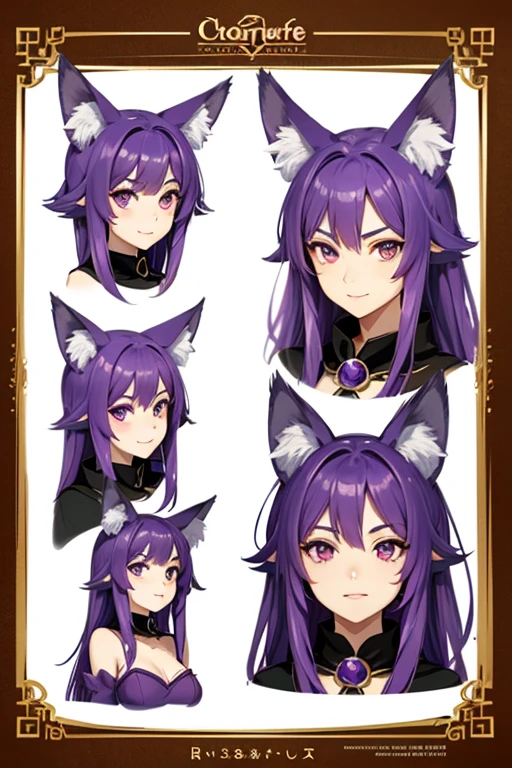 character design sheet，Purple, individual，cute，With fox ears，witch，facial details，plain view