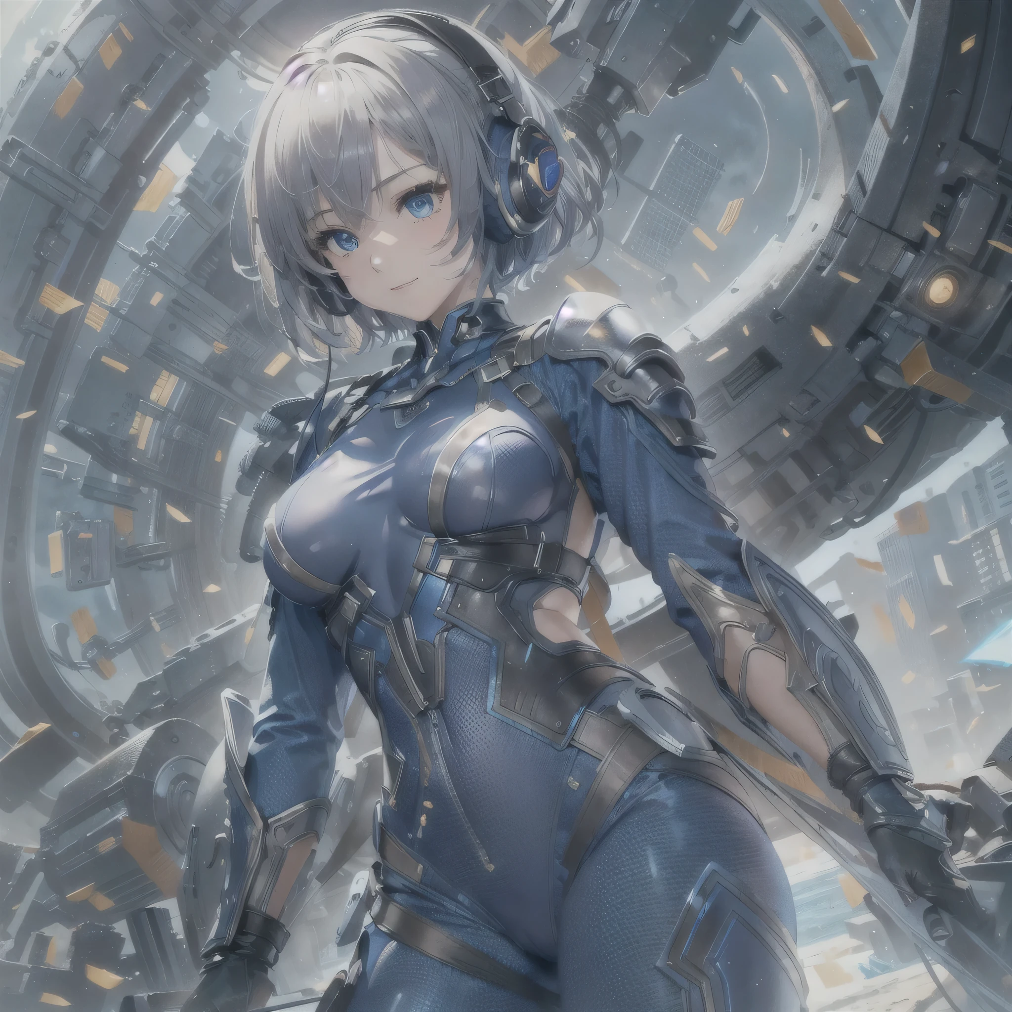 (masterpiece、highest quality、highest resolution、clear_image、detailed details、Angle from above): (full body figure、One 20 year old girl、Japanese faces、small face、Slender、Navy blue super short bob cut hair、(hidden small breasts:1.3)、sparkling blue eyes、Shiny pilot suit in blue and black colors、armor that protects the chest、tight fitting clothes、clothes that cover the whole body、shiny clothes、tight fit pants、hide the skin、very delicate and beautiful、detailed skin、hide thighs、Hide your ass、cute type、gentle smile、soft expression、heroine、headset、Knee-high boots、gloves up to the elbow、eye level shot、facing directly、woman on a spaceship)