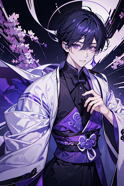 Man, short hair, drawing of a person with a purple hair and a black dress, ((wearing aristocrat robe)), full body white purple cloak, inspired by Okumura Masanobu, long haired humanoid fursona, inspired by Kanbun Master, inspired by Matsumura Goshun, inspired by Kusumi Morikage, full body purple and white cloak