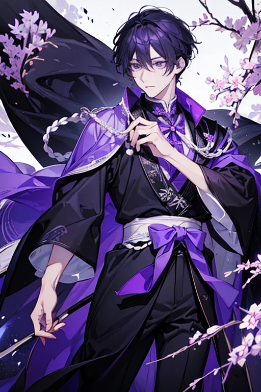 Man, short hair, drawing of a person with a purple hair and a black dress, ((wearing aristocrat robe)), full body white purple cloak, inspired by Okumura Masanobu, long haired humanoid fursona, inspired by Kanbun Master, inspired by Matsumura Goshun, inspired by Kusumi Morikage, full body purple and white cloak