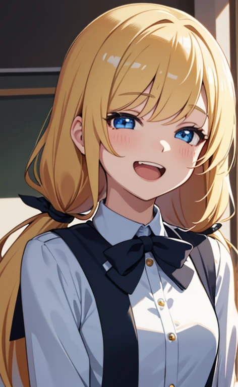 (masterpiece、top-quality、8k size wallpaper、offcial art)、(portrait,upper body:1.6)、(1girl),(very loud laugh,Open mouth:1.3),(half closed eyes),cute face,blue eyes、(short twintails)、
,(stand),(Shining smile),(Sparkling:1.2),(Sparkling:1.2),(Sparkling:1.2),
,(slender),(school uniform),(long fluorescence blonde hair1.3), (small breasts)、
、fluorescence、classroom,JK、