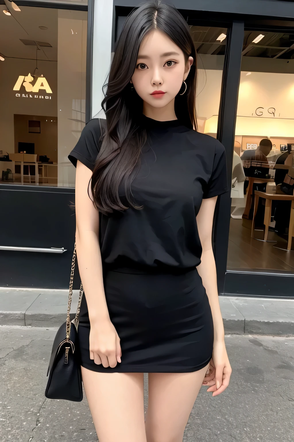 女の子1人、12 years old pretty girl、A dark-haired（Cute Hair Styling）、Large and stylish black clothes、a black skirt、Cute socks、petite and very slender figure,,,,,,、Too skinny、sockes（Ankle length、Cute design）、Fashionable manicure、Stylish earrings、Pink lip、a picture、realisticlying、top-quality、adopt、A detailed face、细致背景、depth of fields、Full-body angle of view、Sitting on the couch、Moderately sexual、独奏