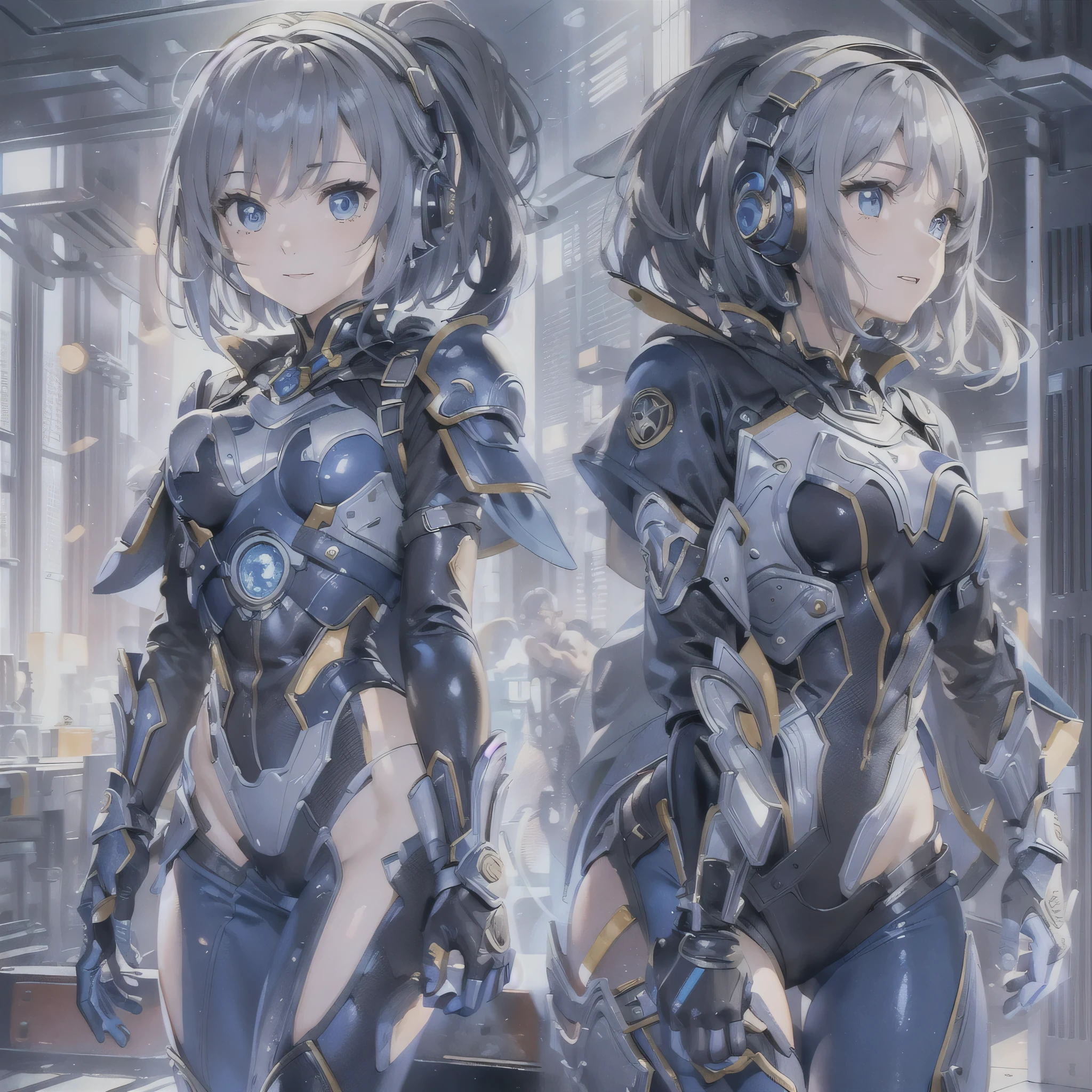 (masterpiece、highest quality、highest resolution、clear_image、detailed details、Angle from above): (full body figure、One 20 year old girl、Japanese faces、small face、Slender、Navy blue super short bob cut hair、(hidden small breasts:1.3)、sparkling blue eyes、Shiny pilot suit in blue and black colors、armor that protects the chest、tight fitting clothes、clothes that cover the whole body、shiny clothes、tight fit pants、hide the skin、very delicate and beautiful、detailed skin、hide thighs、Hide your ass、cute type、gentle smile、soft expression、heroine、headset、Knee-high boots、gloves up to the elbow、eye level shot、facing directly、woman on a spaceship)