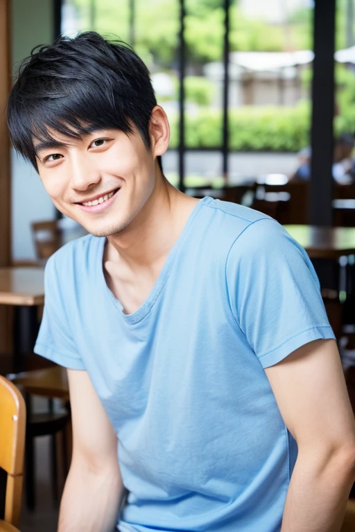 Japanese male in his 30s。best quality、masterpiece、ultra high resolution、original photo、Wearing a light blue round-neck T-shirt.Inside the café, Hair combed neatly. . Cleanly shaven face. With a gentle smile on his face.。Have a kind face、Very thin.