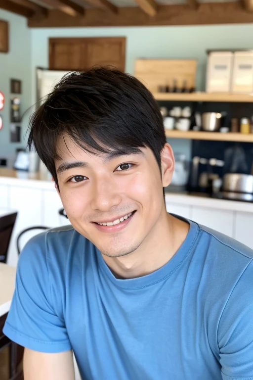 Japanese male in his 30s。best quality、masterpiece、ultra high resolution、original photo、Wearing a light blue round-neck T-shirt.Inside the café, Hair combed neatly. . Cleanly shaven face. With a gentle smile on his face.。Have a kind face、Very thin.