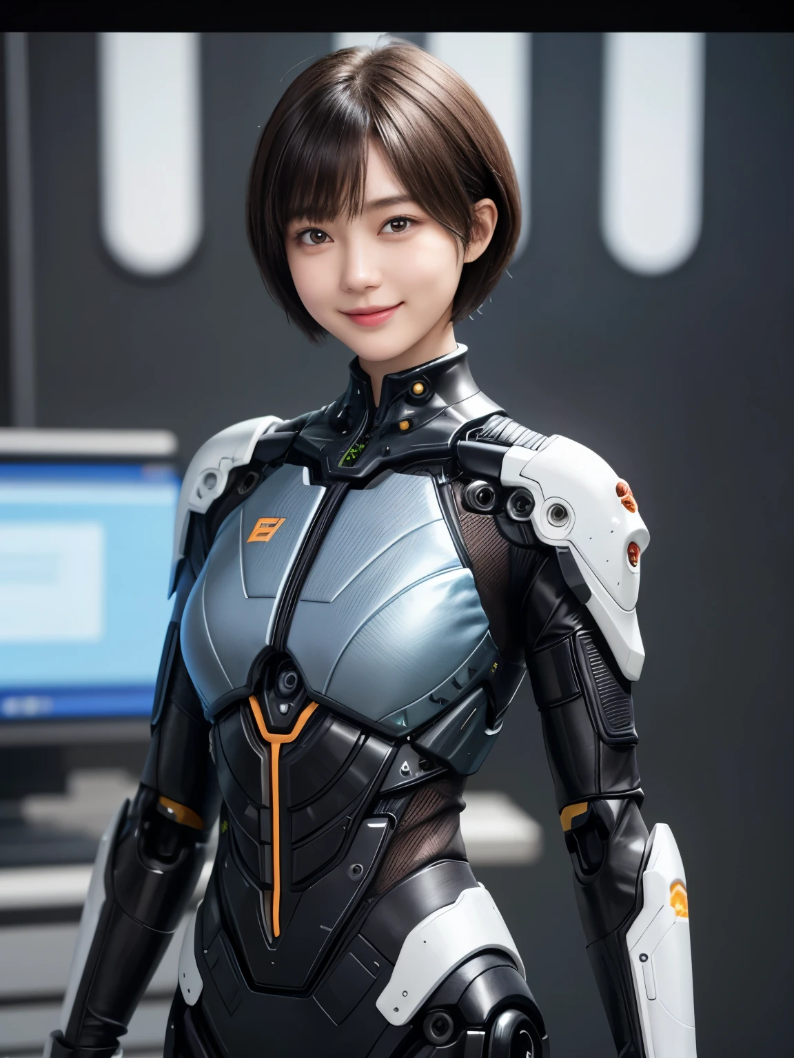 207 Short Hair, 20 year old female, Floral, gentle smile, futuristic clothes, mechanical suit