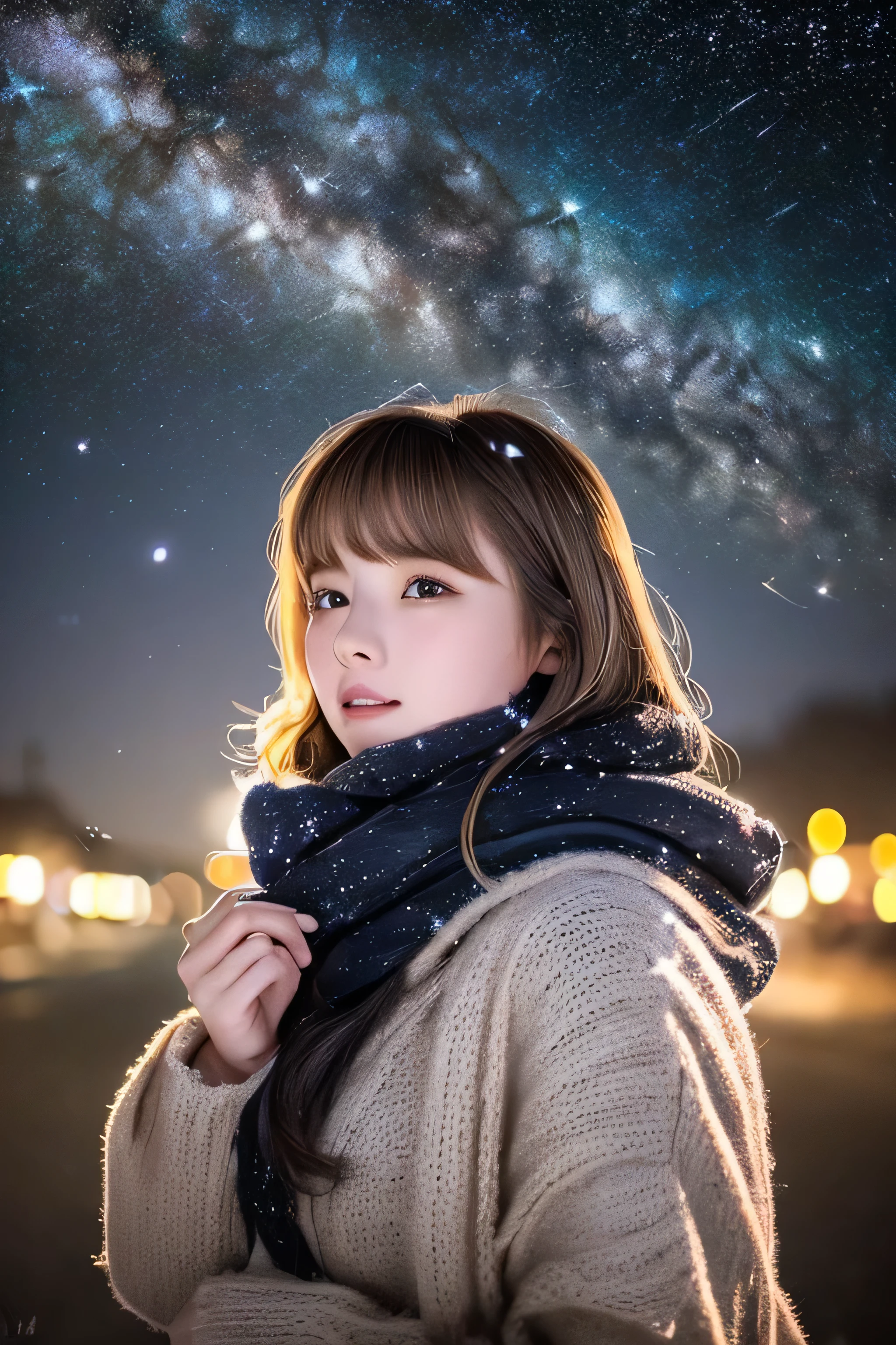 ((Starry、milky way galaxy、hair blowing in the wind、No makeup:1.2))、(realistic、Photoreal、super detailed、best detailed skins、highest quality、masterpiece、超A high resolution)、cute russian woman、、high school girl、young girl、1 girl、have bangs、ash blonde:1.7、double eyelid、drooling eyes、Japanese style face、purity、realistic skin type、thick muffler、Gray muffler、fluffy hair、((There's hair in the scarf:1.3))、red cheeks、The wind is blowing、It's snowing、night、illumination、lighting from behind、hair blowing in the wind