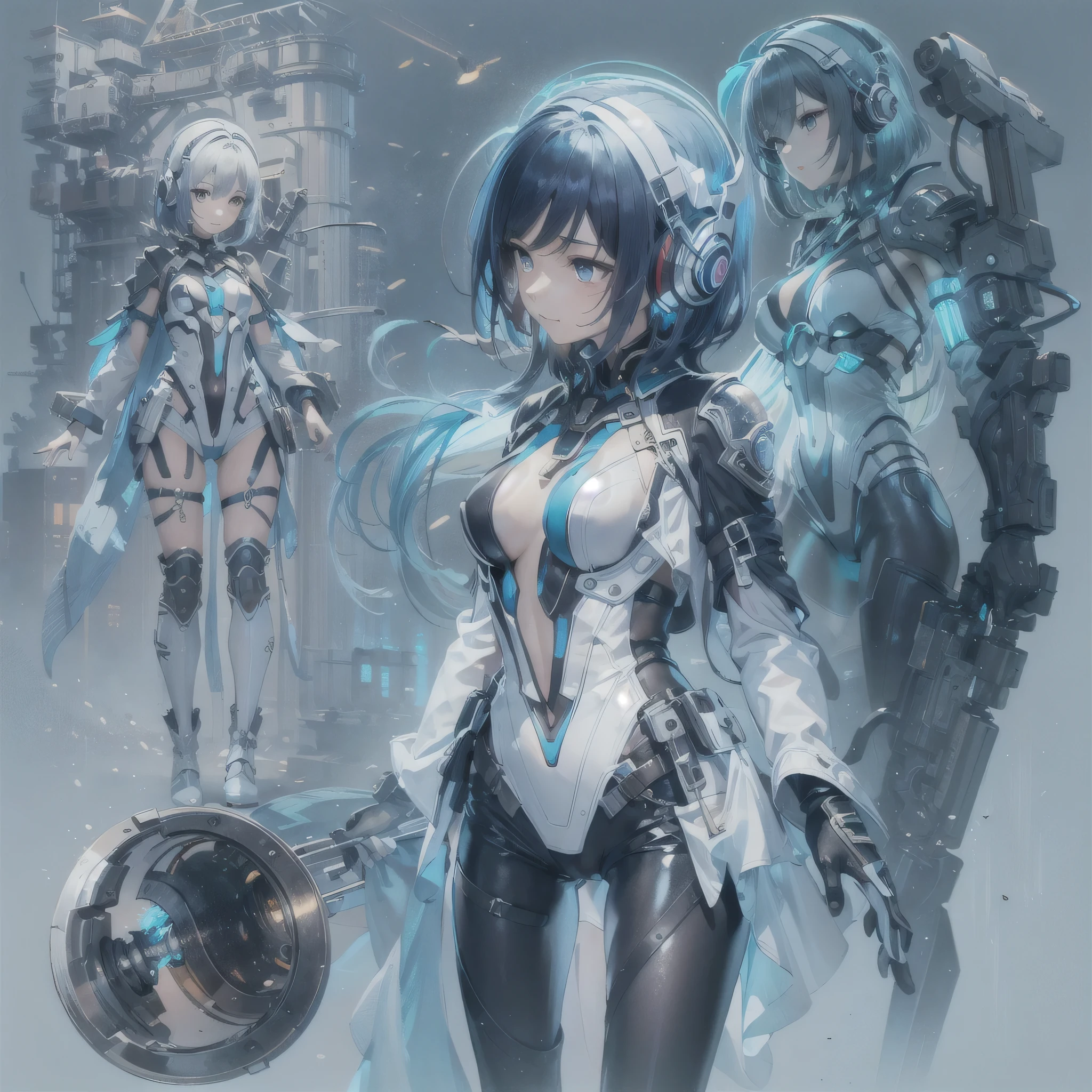 (masterpiece、highest quality、highest resolution、clear_image、detailed details、Angle from above): (full body figure、One 20 year old girl、Japanese faces、small face、Slender、Navy blue super short bob cut hair、(hidden small breasts:1.3)、sparkling blue eyes、Shiny pilot suit in blue and black colors、armor that protects the chest、tight fitting clothes、clothes that cover the whole body、shiny clothes、tight fit pants、hide the skin、very delicate and beautiful、detailed skin、hide thighs、Hide your ass、cute type、gentle smile、soft expression、heroine、headset、Knee-high boots、gloves up to the elbow、eye level shot、facing directly、woman on a spaceship)
