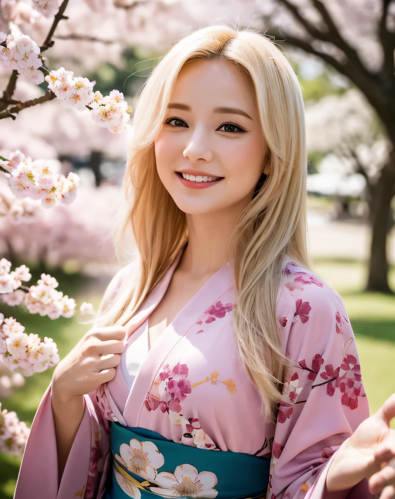 730717681 1 Woman, Solo, Blonde, Kimono Blonde, cherry blossom, Top quality, Super high definition, Top half, Frolicking gesture