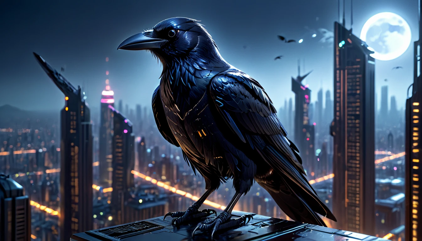 (best quality,highres:1.2),ultra-detailed,realistic,crow,raven,ominous,feathers:1.1,sharp beak,sleek body,intelligent eyes,metallic sheen,hovering,cyberpunk,sci-fi,dark,nighttime,glowing neon lights,glass skyscrapers,technological city,advanced technology,shadowy figures,atmospheric,urban landscape,starry sky,moonlight