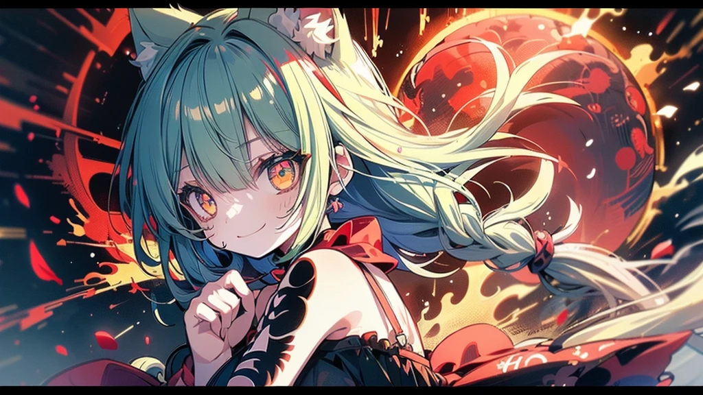 #quality(8k wallpaper of extremely detailed CG unit, masterpiece, hight resolution, top-quality, top-quality real texture skin,hyper realisitic, digitial painting,increase the resolution,RAW photosbest qualtiy,highly detailed,the wallpaper),BREAK,solo,#1girl(cute, kawaii,small kid,hair floating,messy hair,green hair,long hair,braid hair,cat ear,skin color white,eye color red,eyes shining,big eyes,very big breast:2.0,smirk,red short dress,full body),BREAK,#background(red moon,back street),(when drawing the hand draw them very correctly for sure)