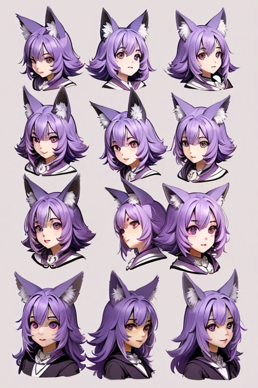 character design sheet,Light purple, individual,cute,With fox ears,witch,facial details,plain view,whole body