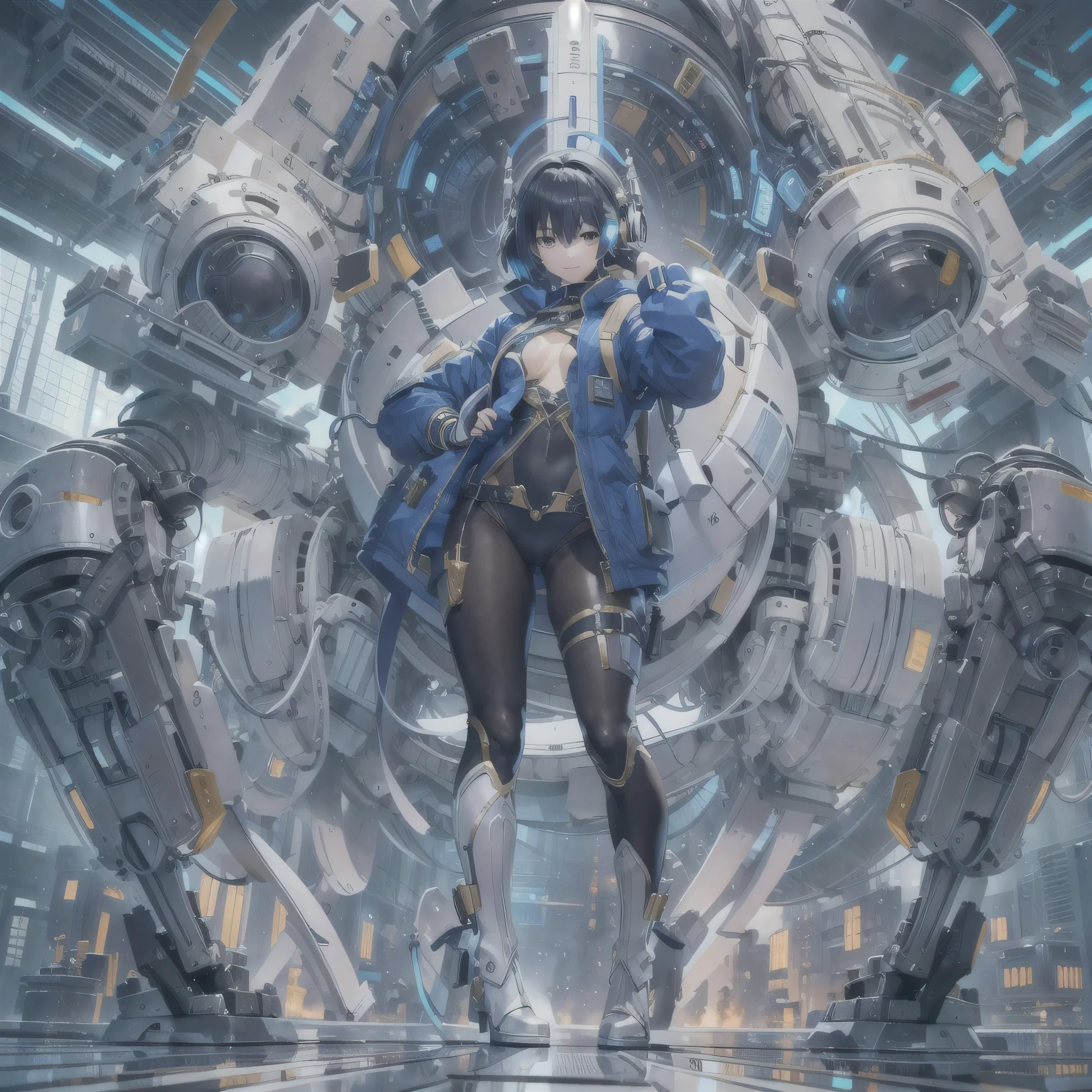 (masterpiece、highest quality、Highest Resolution、Clear_image、Detailed details、Angle from above): (Whole body、One 20 year old girl、Japanese Faces、Small Face、Slender、Navy blue super short bob cut hair、(Hidden small breasts:1.3)、Sparkling blue eyes、Shiny pilot suit in blue and black colors、Chest protection armor、Tight fitting clothes、Clothing that covers the whole body、Glamorous clothes、Tight Fit Pants、Hide your skin、Very delicate and beautiful、Detailed Skin、hide thighs、Hide your ass、Cute、A gentle smile、Soft expression、heroine、headset、Knee-high boots、Elbow-length gloves、Eye Level Shot、Face directly、Woman on a spaceship)