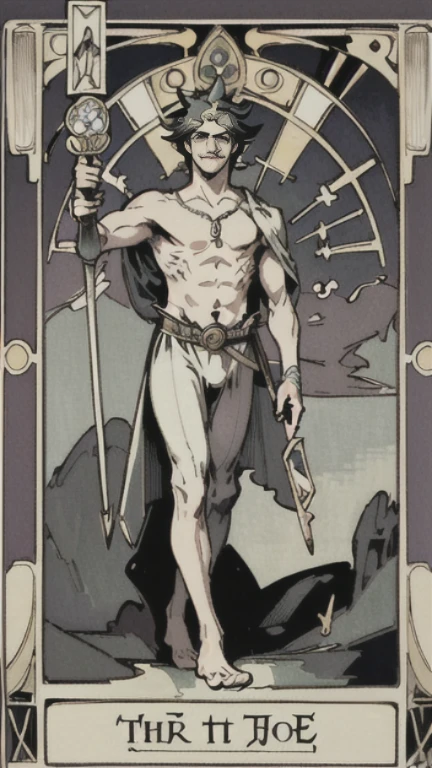 highest quality,masterpiece,((tarot cards,Art Deco Frame)),fool、With a little baggage in hand、The figure of him walking towards the cliff without looking at his feet、It is a cheerful and innocent adventurer.。