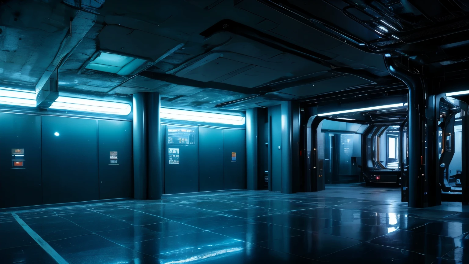 panoramic view, calm cyberpunk style, mysterious, futuristic room, Secret places, masterpiece, best quality, RAW photo, detailed texture, SIGMA 50mm f1.4