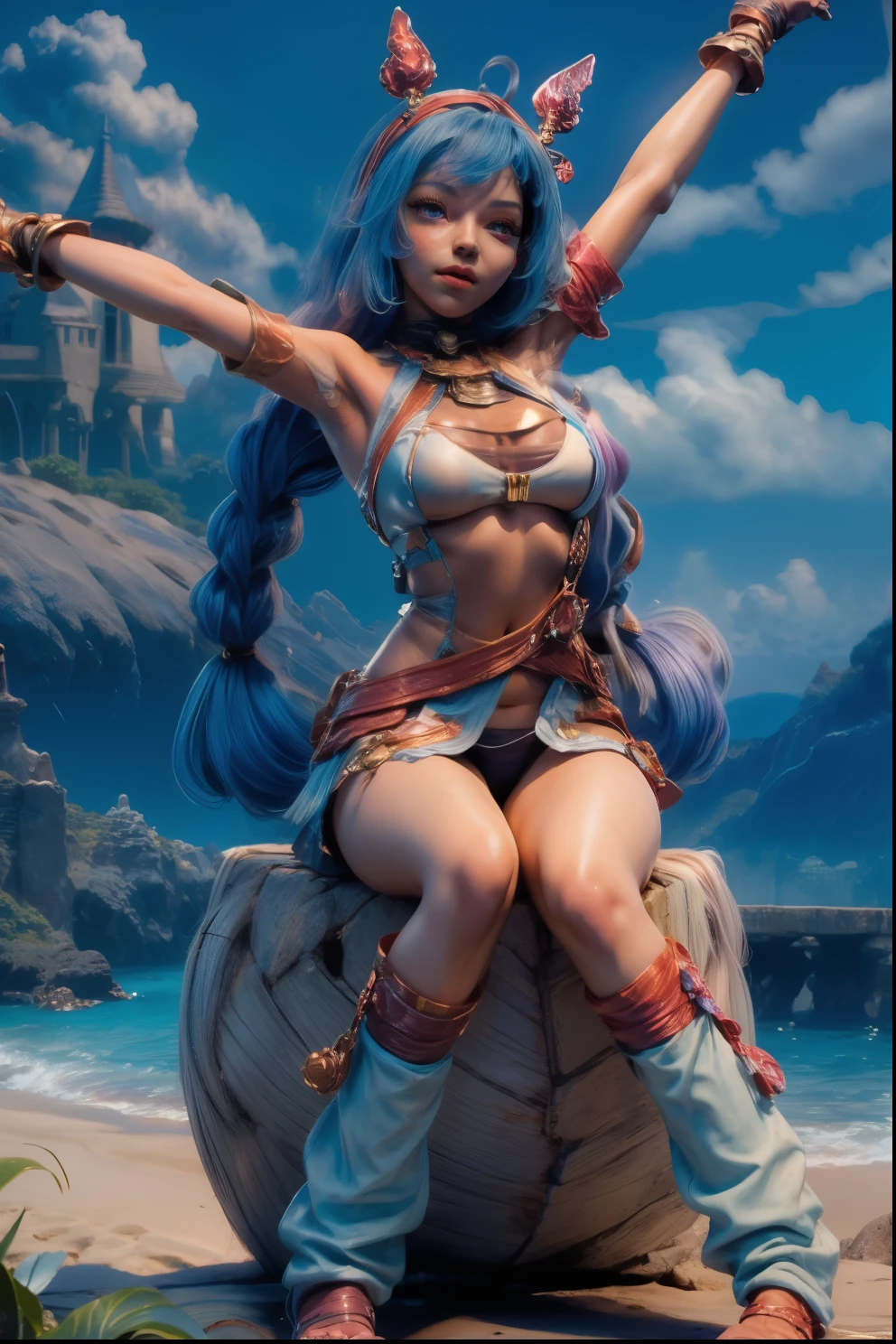 (maximum resolution: 1.2), (Ultra HDTV: 1.2), 8K resolution, Eye and skin detail, detailed facial features, , ( Sharp focus: 1.2), (Focus focus) exact) facial expression: 1.2), Girl sitting, ( monoglass), (Swimsuit), Bikini, (long hair), blue hair,purple eyes, (Beach), Sea water, Sand, Sunlight, Many coconut trees around.