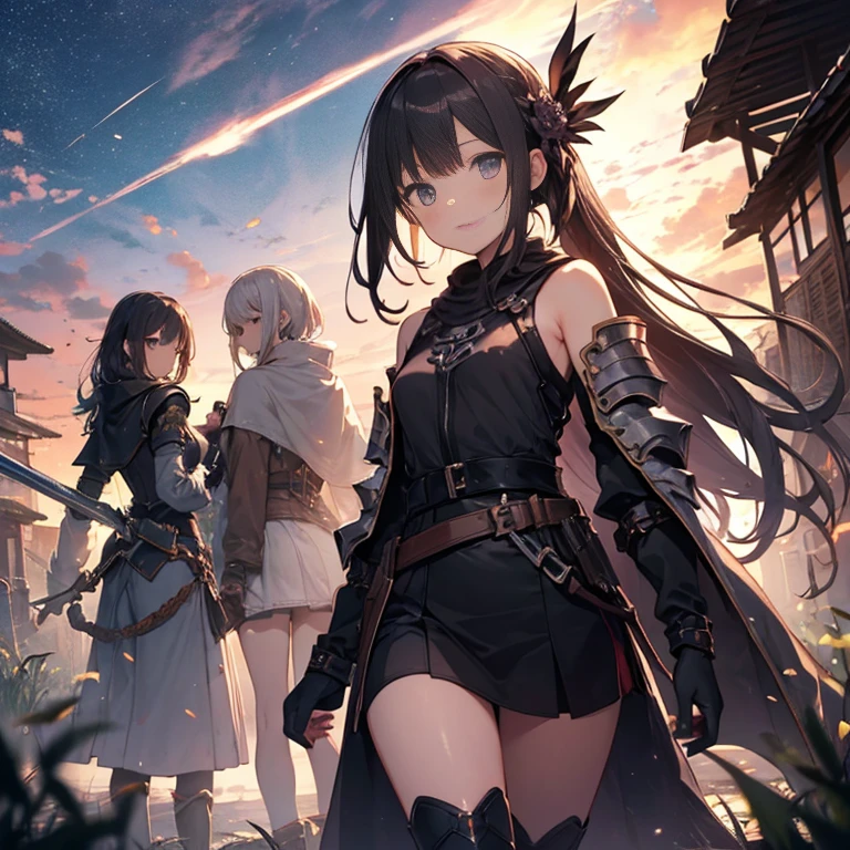 A group of young female knight, (in rice fields), various hair styles, harem, wearing armored clothes, metal armor, night, details face, , short skirt, seducing, sword, sleeveless