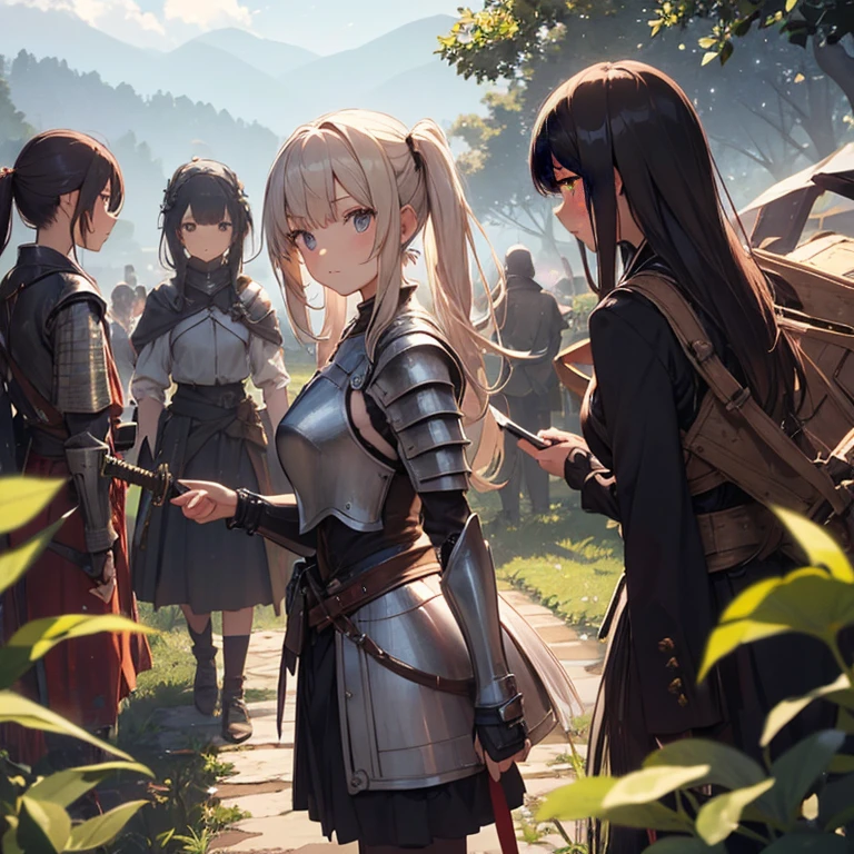 A group of young female knight, (in rice fields), various hair styles, harem, wearing armored clothes, metal armor, night, details face, , short skirt, seducing, sword, sleeveless
