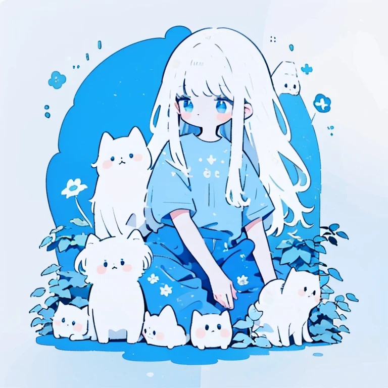 a girl，white hair，long hair，messy lines，draft style，watercolor texture，Casual color style，blue tint，Only blue and white，plant，cat