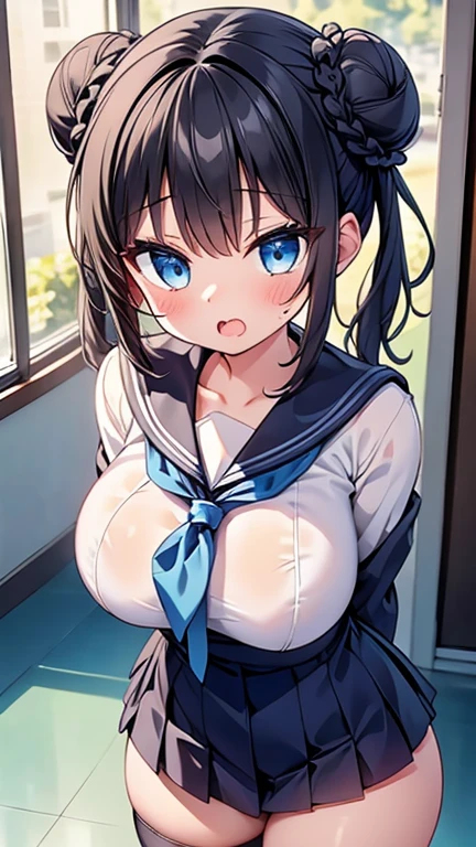 highest quality,wonderful,finely,extremely detailed CG Unity 8K wallpaper, (1 girl,black hair, blue eyes,double bun, clothed:1.2), (huge breast:1.2), (sailor suit:1.1), (open mouth:1.2), (long tongue:1.2), (mouth drool:1.2), (black stockings:1.1),(Thighs),(constriction)