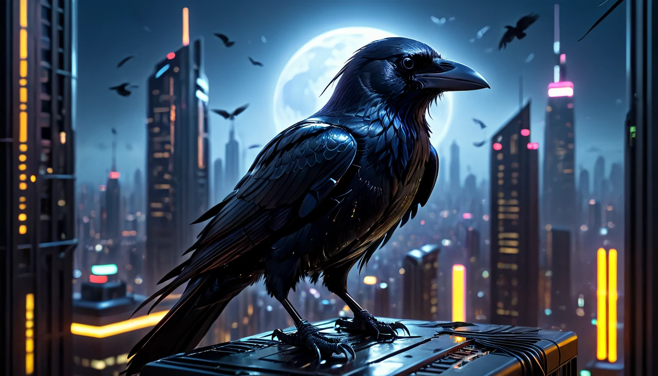 (best quality,highres:1.2),ultra-detailed,realistic,crow,raven,ominous,feathers:1.1,sharp beak,sleek body,intelligent eyes,metallic sheen,hovering,cyberpunk,sci-fi,dark,nighttime,glowing neon lights,glass skyscrapers,technological city,advanced technology,shadowy figures,atmospheric,urban landscape,starry sky,moonlight