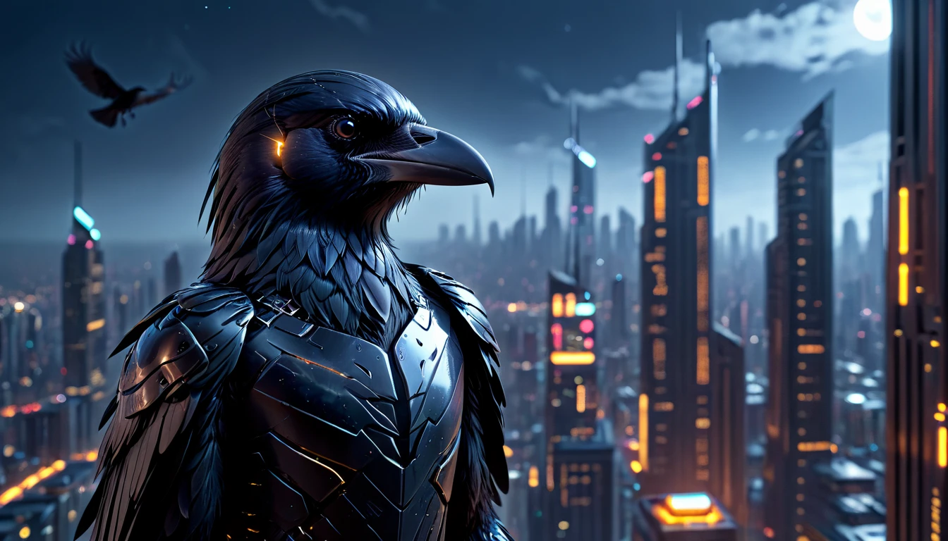 (best quality,highres:1.2),ultra-detailed,realistic,crow,raven,ominous,feathers:1.1,sharp beak,sleek body,intelligent eyes,metallic sheen,hovering,cyberpunk,sci-fi,dark,nighttime,glowing neon lights,glass skyscrapers,technological city,advanced technology,shadowy figures,atmospheric,urban landscape,starry sky,moonlight