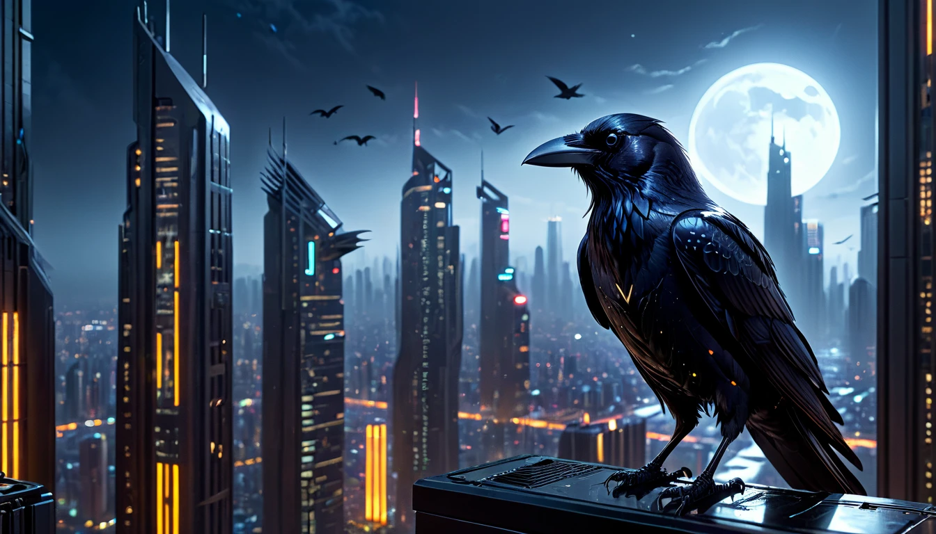 (best quality,highres:1.2),ultra-detailed,realistic,crow,raven,ominous,feathers:1.1,sharp beak,sleek body,intelligent eyes,metallic sheen,hovering,cyberpunk,sci-fi,dark,nighttime,glowing neon lights,glass skyscrapers,technological city,advanced technology,shadowy figures,atmospheric,urban landscape,starry sky,moonlight