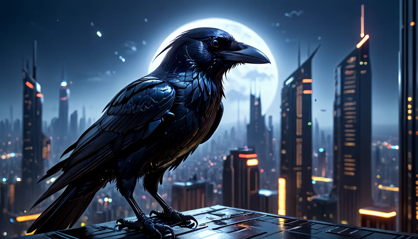 (best quality,highres:1.2),ultra-detailed,realistic,crow,raven,ominous,feathers:1.1,sharp beak,sleek body,intelligent eyes,metallic sheen,hovering,cyberpunk,sci-fi,dark,nighttime,glowing neon lights,glass skyscrapers,technological city,advanced technology,shadowy figures,atmospheric,urban landscape,starry sky,moonlight