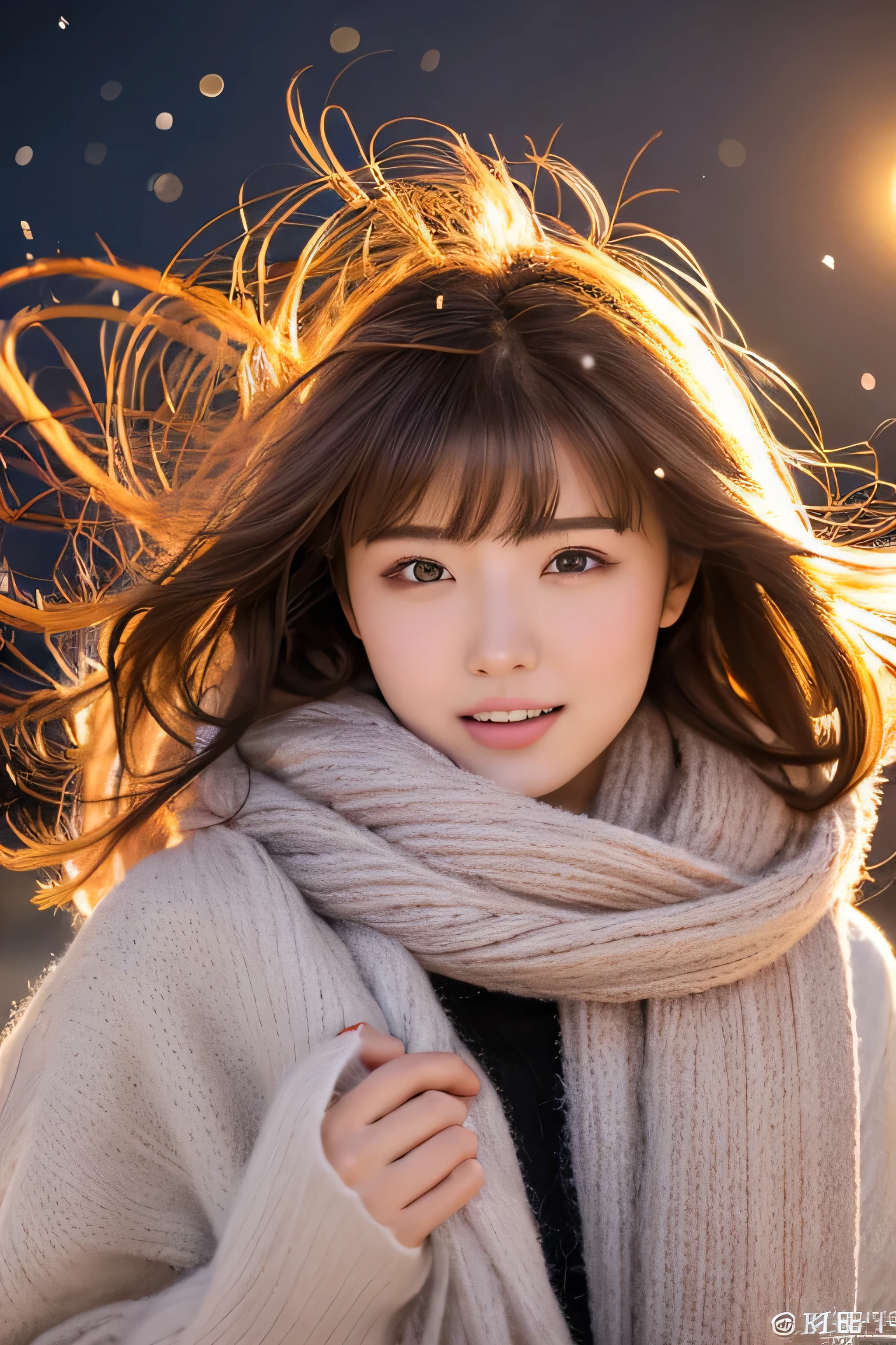 ((hair blowing in the wind、No makeup:1.2))、(realistic、Photoreal、super detailed、best detailed skins、highest quality、masterpiece、超A high resolution)、cute russian woman、、high school girl、young girl、1 girl、have bangs、ash blonde:1.7、double eyelid、drooling eyes、Japanese style face、purity、realistic skin type、thick muffler、Gray muffler、fluffy hair、((There's hair in the scarf:1.3))、red cheeks、The wind is blowing、It's snowing、night、illumination、lighting from behind、hair blowing in the wind