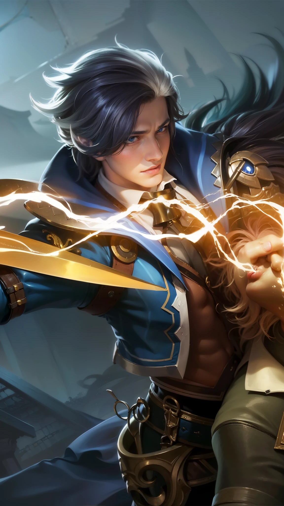 a close up of a boy holding a sword in a room, masterpiece, ((perfect eyes)) best quality, (semirealism:1.9), beautiful lighting, (extremely detailed CG unity 4k fhd wallpaper), High Detail, Sharp focus, dramatic outdoors, 1 boy ,19 years old, light blue eyes, 8k, ultra hd, ultra detailed texture, hyper realistic, masterpiece, detailed texture, detailed face, detailed skin, detailed lighting, (photorealistic:1.5), best quality, beautiful lighting, cinematic lighting, professional lighting, ultra highres, realistic, detailed hair, real hair, high quality, (realskin:1.5), extremely detailed, finely detail, ultra-detailed, glare, evil smile.