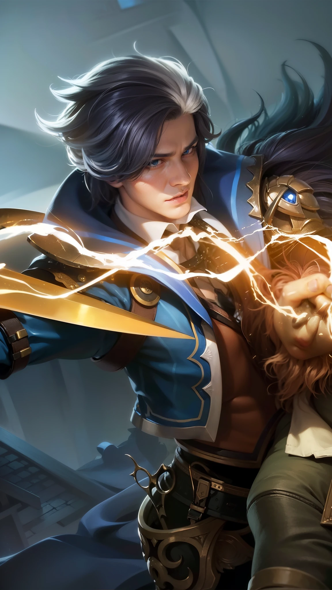 a close up of a boy holding a sword in a room, masterpiece, ((perfect eyes)) best quality, (semirealism:1.9), beautiful lighting, (extremely detailed CG unity 4k fhd wallpaper), High Detail, Sharp focus, dramatic outdoors, 1 boy ,19 years old, light blue eyes, 8k, ultra hd, ultra detailed texture, hyper realistic, masterpiece, detailed texture, detailed face, detailed skin, detailed lighting, (photorealistic:1.5), best quality, beautiful lighting, cinematic lighting, professional lighting, ultra highres, realistic, detailed hair, real hair, high quality, (realskin:1.5), extremely detailed, finely detail, ultra-detailed, glare, evil smile.