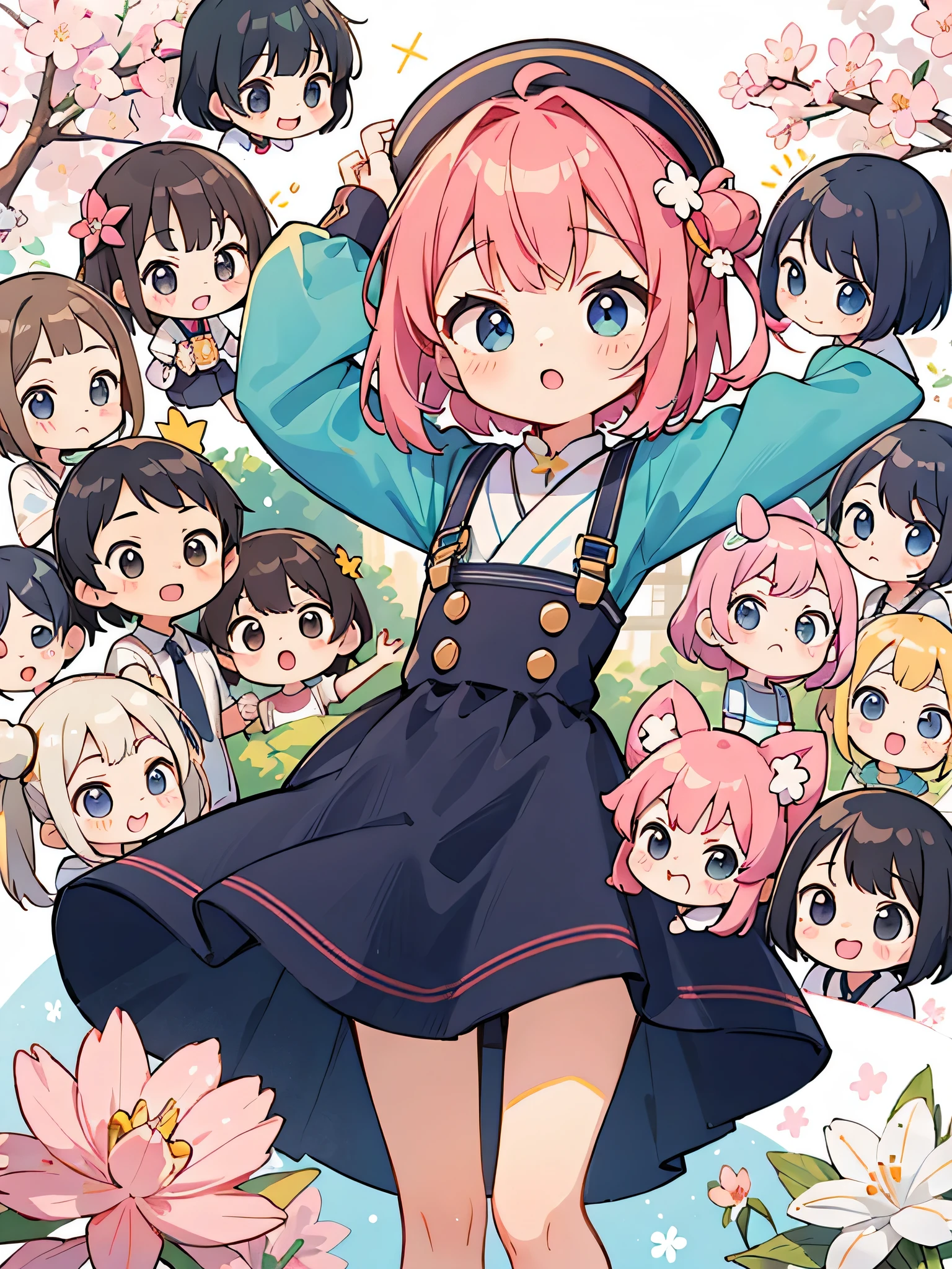 Momoko Sakura style, Kawaii Design, (((10 people)))、most beautiful girl ever、Chibi, Colorful bob hair、((Lots of friends))、children's room