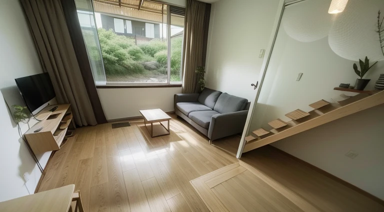 Interior design、Insanely detailed wide-angle architecture photo、Comfortable modern living room、(bright and warm sunshine 1:0.1)、Award-winning contemporary Interior design、landscape、table、a chair、in the house、wooden floor、window、Dining room、East Asian Architecture、sliding paper door、lampshade、architecture、forest、Nature、cup、plant、Interior design、Insert lights and shadows、depth of field、low illumination