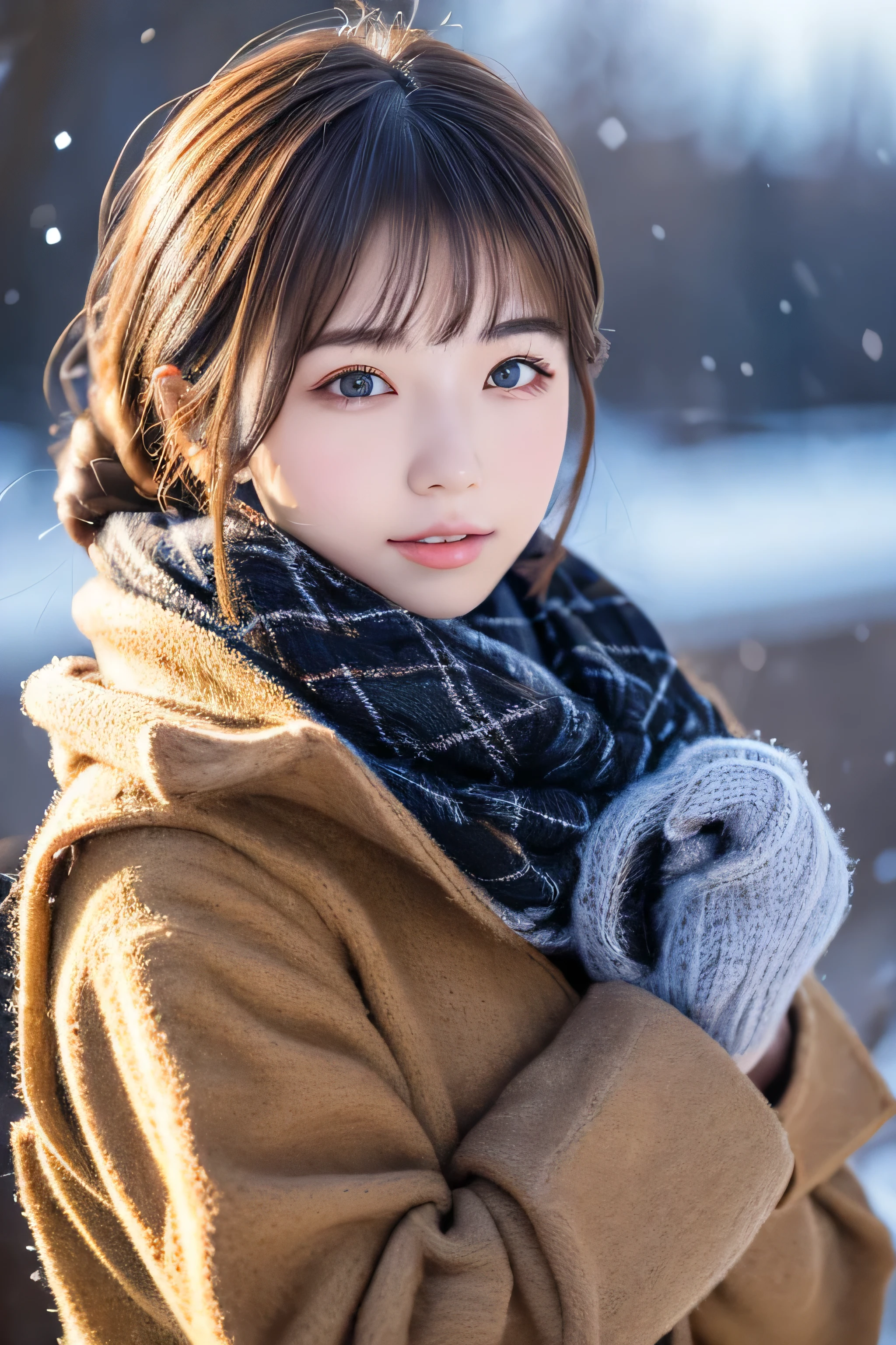 ((hair blowing in the wind、No makeup:1.2))、(realistic、Photoreal、super detailed、best detailed skins、highest quality、masterpiece、超A high resolution)、cute russian woman、14 years、high school girl、young girl、1 girl、have bangs、ash blonde:1.7、double eyelid、drooling eyes、Japanese style face、purity、realistic skin type、thick muffler、Gray muffler、fluffy hair、((There&#39;s hair in the scarf:1.3))、red cheeks、The wind is blowing、It&#39;s snowing、night、illumination、lighting from behind、hair blowing in the wind