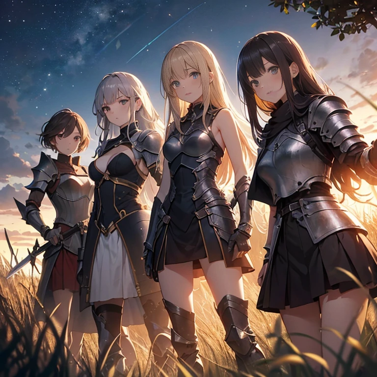 A group of young female knight, (in grass fields), various hair styles, harem, wearing armored clothes, metal armor, night, details face, , short skirt, seducing, sword, sleeveless