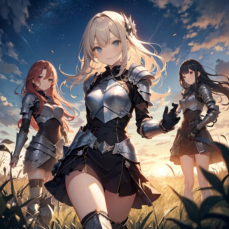 A group of young female knight, (in grass fields), various hair styles, harem, wearing armored clothes, metal armor, night, details face, , short skirt, seducing, sword, sleeveless