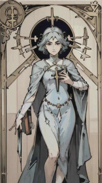 highest quality,masterpiece,((tarot cards,Art Deco Frame)),female pope、Wearing a light blue dress、With a cross on my chest、A woman holds a book, which is a symbol of knowledge and learning.、With a crescent moon, the symbol of the moon goddess, at her feet、It stands quietly。