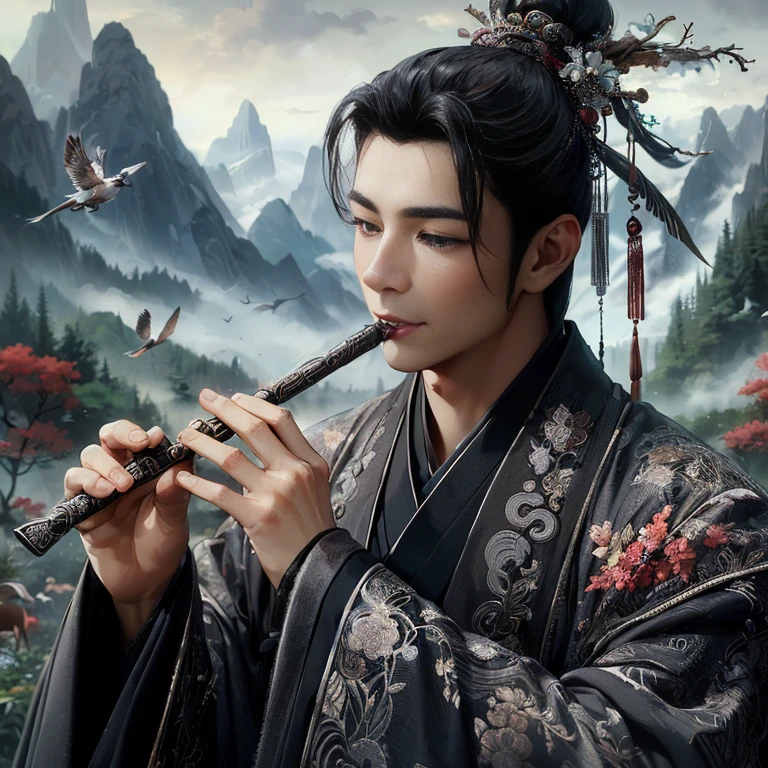 (Best Quality:1.2), (high resolution:1.2), (beautiful face and eye:1.2), (sharpest focus:1.2), (Ultra-realistic Photo:1.2), (Ultra-precise Photo:1.2), (Depth of field:1.2), (8k high resolution:1.2), (perfect anatomy:1.2), (nice hands:1.5),
(perfect hands:1.5), (Very young and masculine and dignified and beautiful Chinese male:1.5), (Beautiful nobleman:1.0), (A beautiful nobleman:1.0), (A shiny black hermit-like garment with fancy embroidery:1.0), (A gentle smile:1.3),
(Playing an iron flute:1.5), (A secluded hermit-like place deep in the mountains of China:1.0), (A mysterious fairyland:1.2), (Birds and animals gathered to listen to the sound of the flute:1.3), (Looking up angle:1.0),