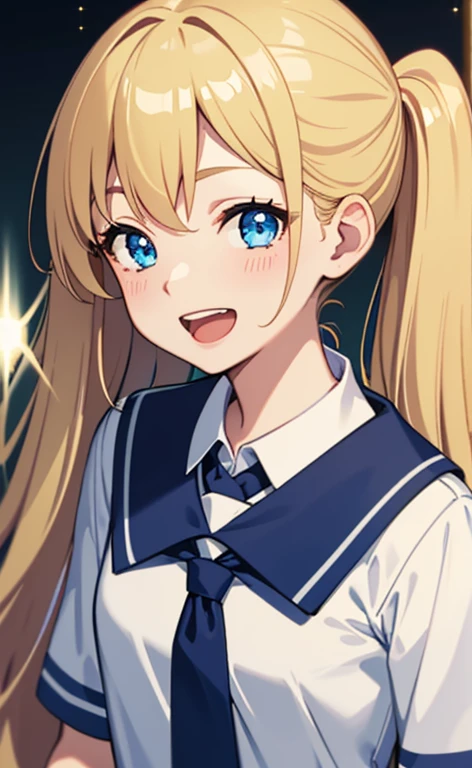 (masterpiece、top-quality、8k size wallpaper、offcial art)、(portrait,upper body:1.6)、(1girl),(very loud laugh,Open mouth:1.3),(half closed eyes),cute face,blue eyes、(short twintails)、
,(stand),(Shining smile),(Sparkling:1.3),(Sparkling:1.3),(Sparkling:1.3),
,(slender),(school uniform),(long fluorescence blonde hair1.3), (small breasts)、
、fluorescence、classroom,JK、