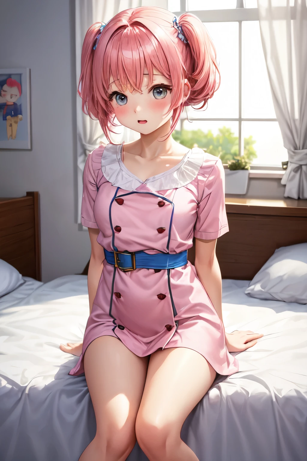 whole body、big breasted 、young girl、Babembarrassinlush、on the bed、cute hairstyle、pink hair color、Arms restrained behind the back, Put your arms behind your back, hands are hidden behind the body, Arms restrained behind the back,