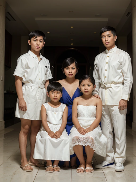 Filipino Bowl cut haircut boy 18 year old in white formal,  boy and 3 year old giess . Family portrait Filipino 