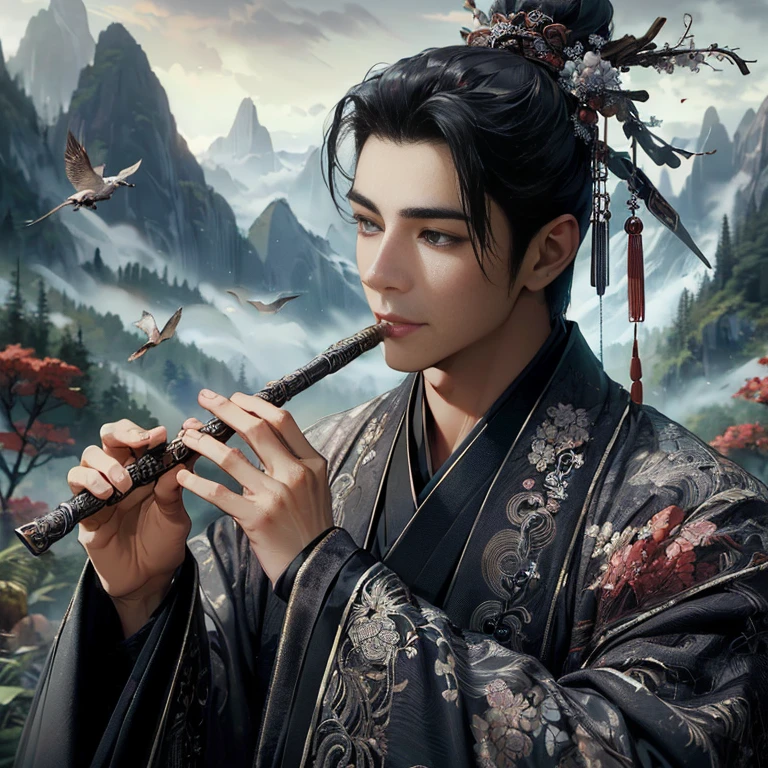 (Best Quality:1.2), (high resolution:1.2), (beautiful face and eye:1.2), (sharpest focus:1.2), (Ultra-realistic Photo:1.2), (Ultra-precise Photo:1.2), (Depth of field:1.2), (8k high resolution:1.2), (perfect anatomy:1.2), (nice hands:1.5),
(perfect hands:1.5), (Very young and masculine and dignified and beautiful Chinese male:1.5), (Beautiful nobleman:1.0), (A beautiful nobleman:1.0), (A shiny black hermit-like garment with fancy embroidery:1.0), (A gentle smile:1.3),
(Playing an iron flute:1.5), (A secluded hermit-like place deep in the mountains of China:1.0), (A mysterious fairyland:1.2), (Birds and animals gathered to listen to the sound of the flute:1.3), (Looking up angle:1.0),