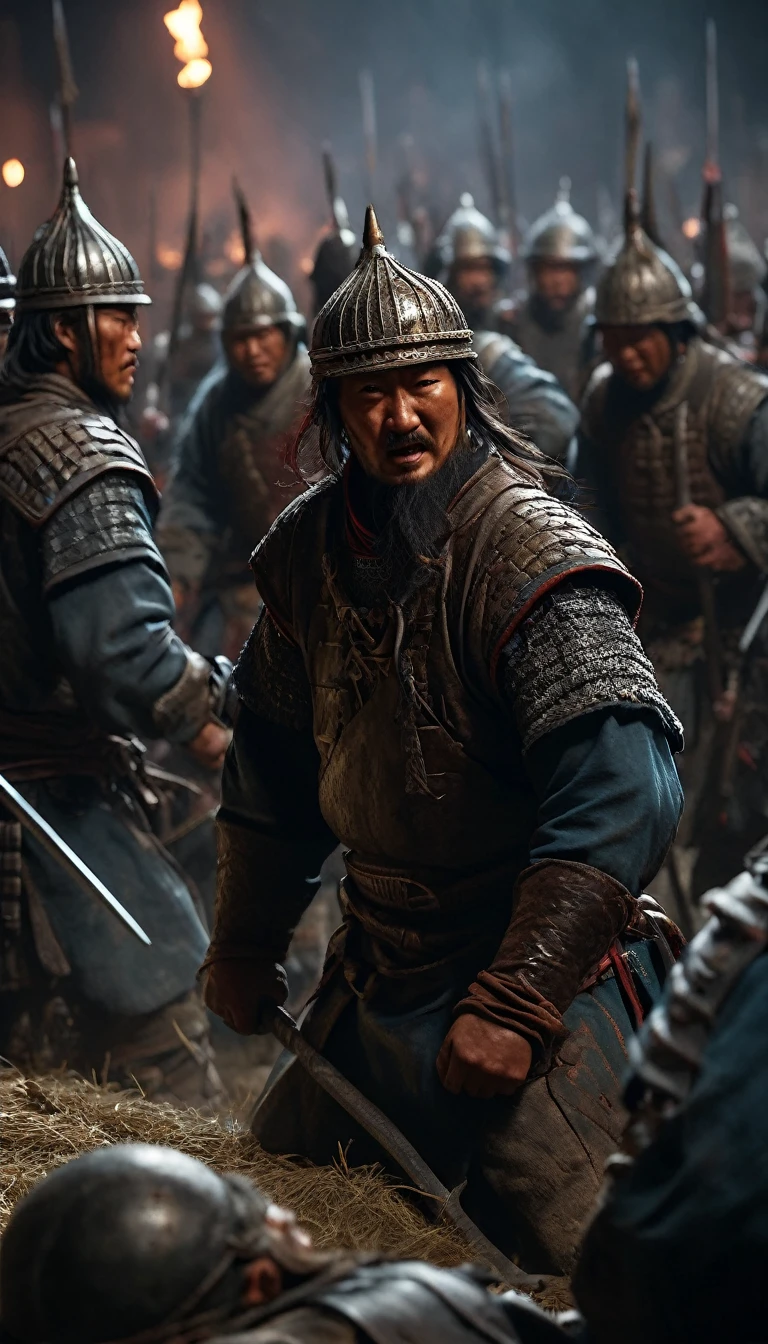 Artistic animation illustrating the chaos and panic among the Mongol troops after Kitbuqa's death, background dark, hyper realistic, ultra detailed hyper realistic, photorealistic, Studio Lighting, reflections, dynamic pose, Cinematic, Color Grading, Photography, Shot on 50mm lens, Ultra-Wide Angle, Depth of Field, hyper-detailed, beautifully color, 8k