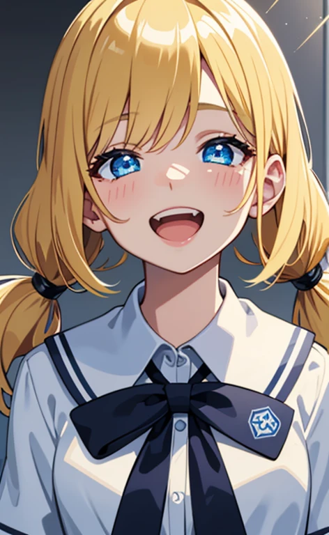 (​masterpiece、top-quality、8k size wallpaper、offcial art)、(portrait,upper body:1.6)、(1girl),(very loud laugh,Open mouth:1.3),(half closed eyes),cute face,blue eyes、(short twintails)、
,(stand),(Shining smile),(Sparkling:1.3),(Sparkling:1.3),(Sparkling:1.3),
,(slender),(school uniform),(long fluorescence blonde hair1.3), (small breasts)、
、fluorescence、classroom,JK、