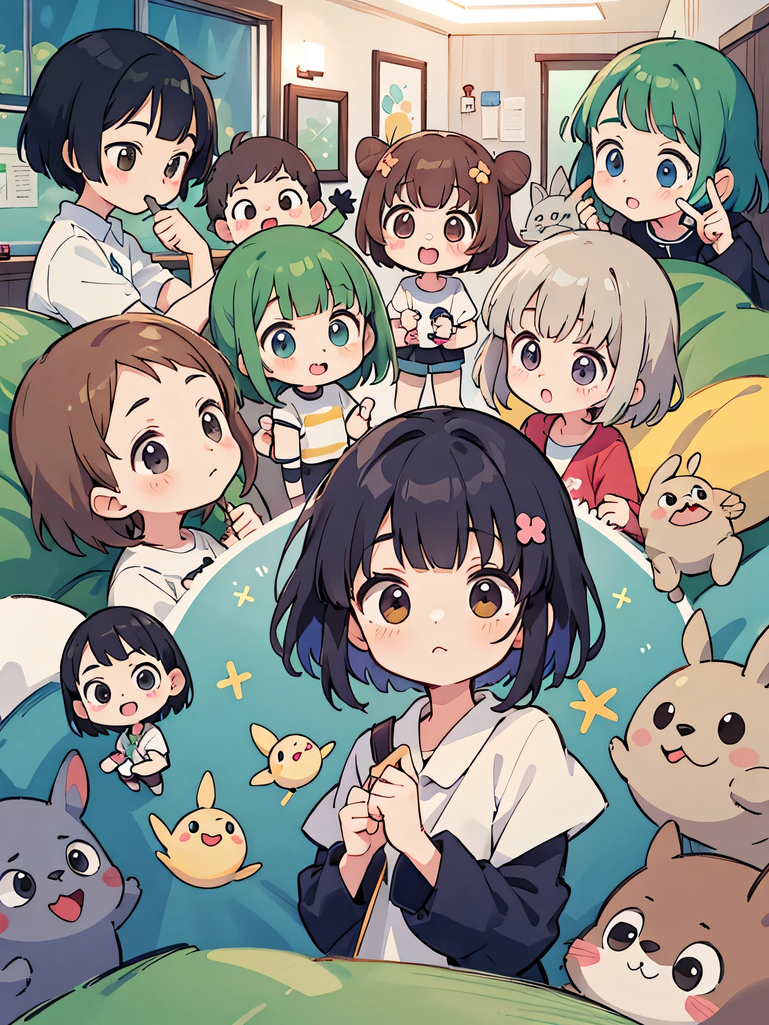 My Neighbor Totoro Style, Kawaii Design, (((10 people)))、most beautiful girl ever、Chibi, Colorful bob hair、((Lots of friends))、children's room