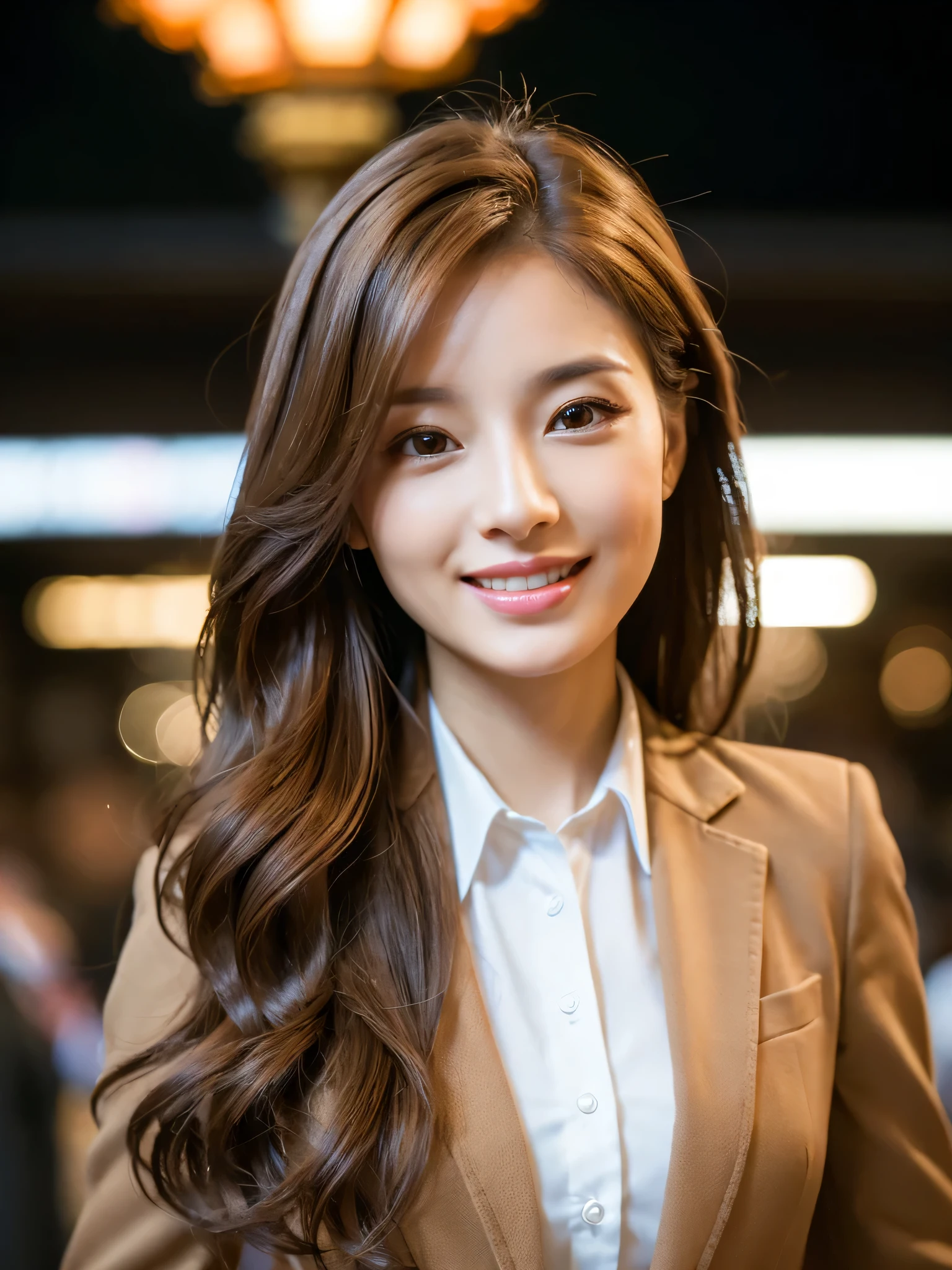 table top、highest quality、genuine、Super detailed、finely、High resolution、8k wallpaper、one beautiful woman、、、light brown disheveled hair、wearing a business suit、sharp focus、perfect dynamic composition、beautiful and detailed eyes、thin hair、Detailed genuine skin texture、smile、close-up portrait、model body shape、In Kyoto at night